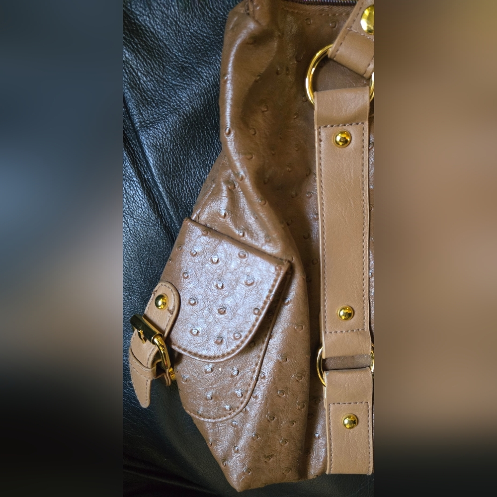 mark. Light Brown Faux Ostrich Medoum Travel Tote with Gold Accents 16"×12"×5" - Picture 3 of 8